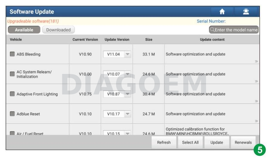 LAUNCH X431 battery pack diagnostic software update screen