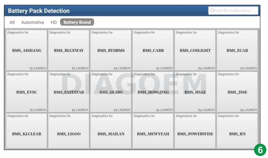 LAUNCH X431 EV battery pack and BMS brand selection screen