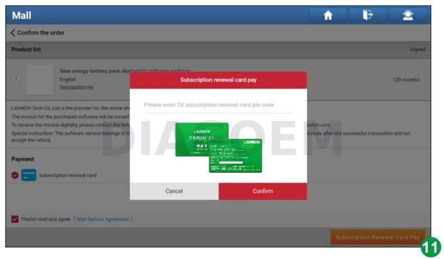 LAUNCH EV activation card enter 24 digit activation code